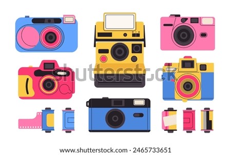 Retro film photo camera isolated on white background. Old vintage analog disposable photo camera. Hand-drawn colored flat vector illustration