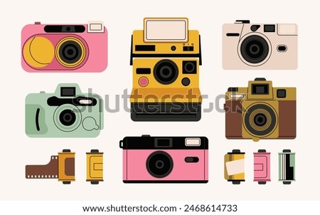 Retro film photo camera isolated on white background. Old vintage analog disposable photo camera. Hand-drawn colored flat vector illustration