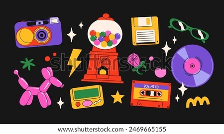 Classic 80s back to 90s elements in modern flat style. Hand drawn sticker set, vector illustration. Fashion patch, badge, emblem with vintage accessories.