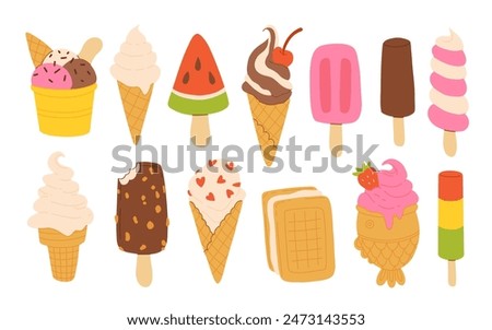 Desserts, sweet eating set. Yummy street food, confectionery snacks. Cone waffle with filling, icecream balls in cup, ice-cream in cone. Flat vector illustrations isolated on white background