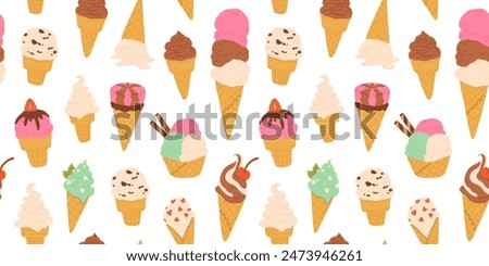 Ice cream seamless pattern. Yummy street food, confectionery snacks. Cone waffle with filling, icecream balls in cup, ice-cream in cone. Flat vector cartoon background isolated on white background