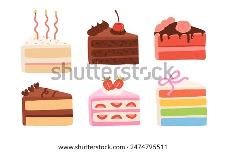 Birthday cake slices set. Sweet holiday bakery pieces collection. Pastry chocolate fruit, berry dessert with candles for breakfast. Vector hand drawn flat cartoon illustration