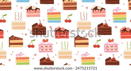 Birthday cake slices seamless pattern. Sweet holiday bakery pieces collection. Pastry chocolate fruit, berry dessert with candles for breakfast. Vector hand drawn flat cartoon illustration