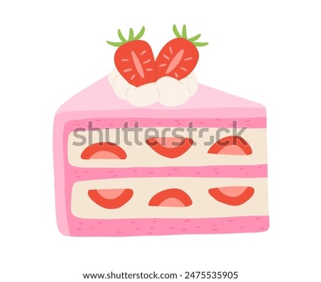 Birthday cake slices set. Sweet holiday bakery pieces collection. Pastry chocolate fruit, berry dessert with candles for breakfast. Vector hand drawn flat cartoon illustration