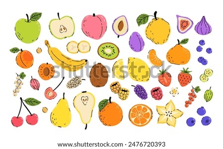 Set with hand drawn fruit doodles. Flat tropical set of banana, apple, pear, peach, strawberry, lemon, cherry, fig, quince, starfruit and some berries. Mulberry, raspberry, strawberry