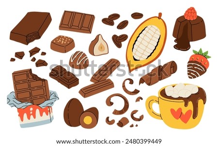 Cocoa and chocolate world day cartoon set. Sweet candies and chocolate bar, egg, cocoa pod with beans, strawberry in chocolate, fondant with raspberry on top, mug with hot chocolate and marshmallows.