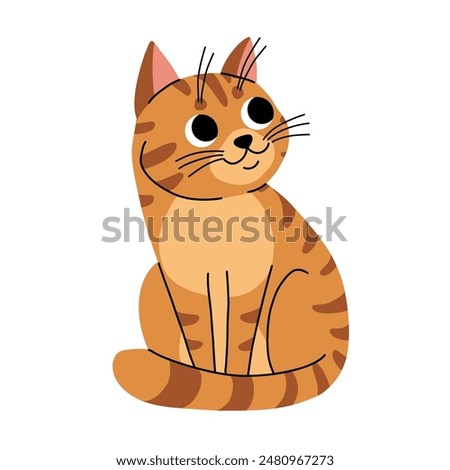 Cute cat concept. Adorable domestic animal sitting. Fluffy tabby brown pet. Lovely kitten stands. Graphic element for website. Cartoon flat vector illustration isolated on white background