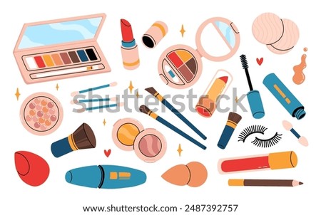 Woman cosmetic products. Beauty set of cosmetics, vector icon set. Mascara, lipstick, eye shadows, brush, concealer, lip gloss, sponge. Trendy hand drawing doodle style. All elements are isolated.