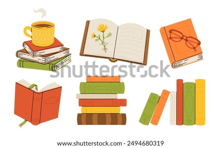 Pile of books, cup of tea and glasses cartoon illustration set. Opened and closed books for reading. herbarium . Education, knowledge, study concept, Cozy autumnal reading