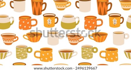 Seamless pattern with various tea cups and teapot. Cute autumn dishes different shapes and ornaments. Hand drawn color vector background in Modern flat cartoon style.