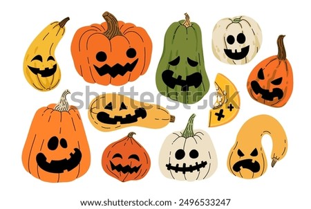 Jack-O-Lantern. Halloween pumpkins with faces vector element set. October holiday symbol. Creepy, smiling, fun carved pumpkin heads.