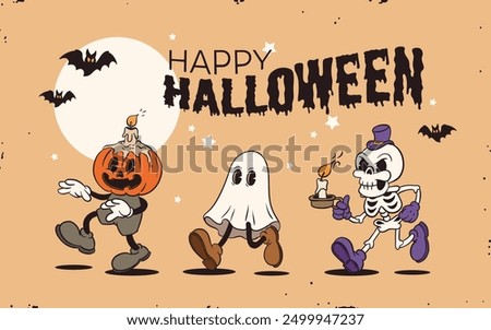 Retro groovy Halloween mascot set. Isolated cartoon vector funny characters, jack o lantern, ghost and skeleton with a candle, with spooky and funny expression during party night celebration