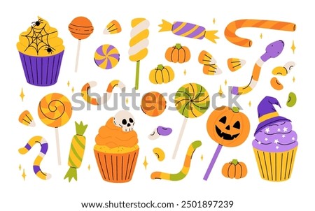 Cute Halloween sweets, cupcakes and candy corns lollipops and desserts. Halloween trick or treat candies and cakes with pumpkin jelly beans and jelly worms and snakes. Flat cartoon illustration.