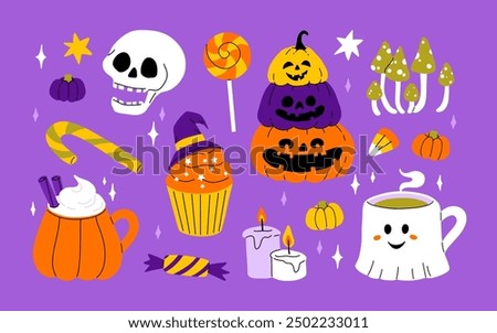 Cute Halloween set. Funny pumpkin, kawaii ghost, bat, web, broom, coffin. October holiday design elements, stickers, cat in witch hat, skull. Isolated kids childish flat graphic vector illustrations