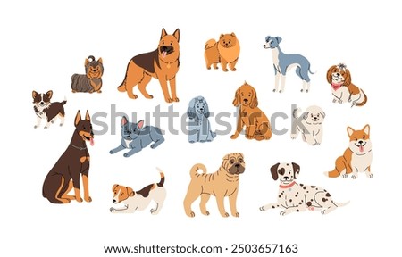 Dog breeds set. Cute flat illustration in cartoon style on white background. Doberman, chihuahua, yorkshire, jack russell, shar pei, dalmatian, cocker spaniel, shih tzu and other pets in vector