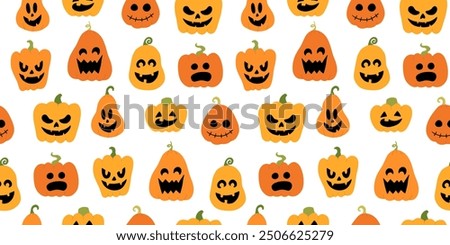 Seamless pattern for Halloween holiday with cute pumpkin jack o lantern. Childish background for fabric, wrapping paper, textile, wallpaper and apparel. Vector Illustration