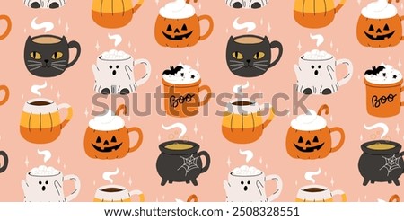 Vector collection of cute Halloween mugs. Hot cocoa with marshmallow, coffee and tea cups with cute faces, ghost, pumpkin, witch black cat and skull. Flat cartoon seamless pattern.