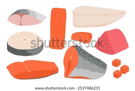 Cartoon sliced fish meat. Red fish pieces, white fish, delicious sashimi slices, hake, pangasius, mackerel, salmon steak and fillet flat vector illustration set.