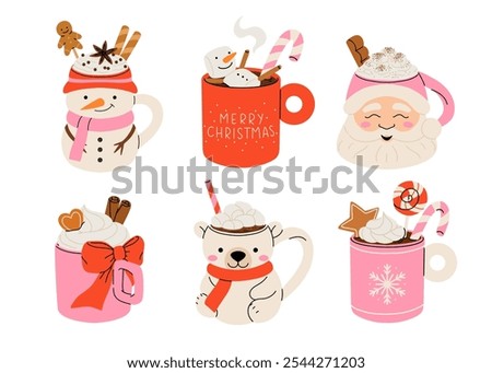 Christmas chocolate and eggnog drinks, winter holiday hot cups, vector icons. Christmas eggnog or milk punch beverages in cups and mugs, hot chocolate drinks for New Year and Xmas greeting card