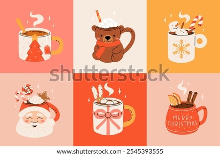 Christmas hot drink collection. Flat cartoon beverages. Holiday cute mugs with hot cocoa, coffee, and mulled wine. New year drinks decorated with sweets and candy. Isolated vector illustration