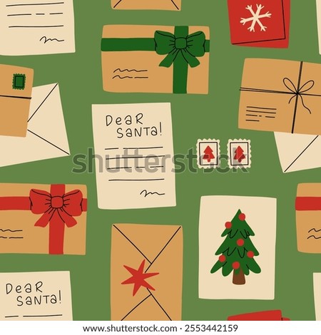 Christmas seamless pattern. Santa mail. X-mas opened and closed envelopes, decorated with branches and seals, postage stamps. Holiday vector background for wrapping paper, textile