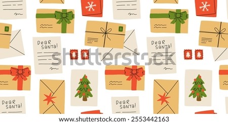 Christmas seamless pattern. Santa mail. X-mas opened and closed envelopes, decorated with branches and seals, postage stamps. Holiday vector background for wrapping paper, textile