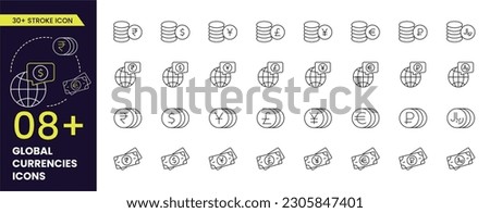 Global Currencies money symbol. Various currencies signs. Dollar, 
Euro, yuan, ruble, inr, saudi riyal, financial system concept. Line vector illustration editable stroke icons set. all currency icon