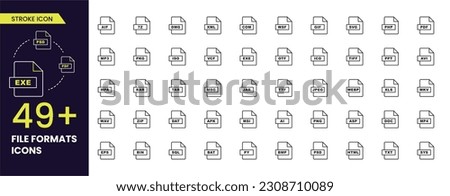 Documents File Format Line icons set. EPS, PDF, PSD, AI, XL, PPT, EXE etc., Editable stroke icons collection