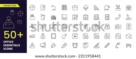 Simple Set of Office Essentials Related Vector stroke Icons. Contains such Icons as Business Meeting, Workplace, Office Building, chair, files, clock, job and more. Editable Stroke icons collections.