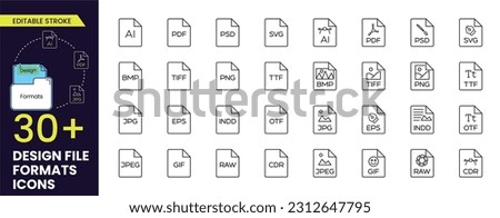 Design File Formats stroke Icons such as EPS, AI, PDF, RAW, JPG, SVG, PNG, TXT, TIFF, CDR, SVG, INDD, TTF, GIF, BPM, EPS. File type vector line stroke icons collections.