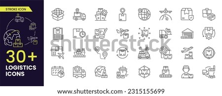 Logistics and Delivery icons set. Collection of simple line icons such as Sea Shipping, Air, Delivery Date, Courier, Warehouse, Return Parcel, Fast Shipping and others Editable vector stroke