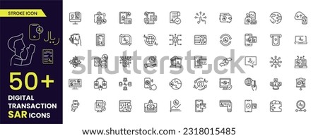 Digital Transaction SAR, Online banking line icons set: deposit app, money safety, internet bank, contactless payment, credit card, online transaction, mobile support, Editable stroke, SAR currency.