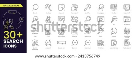 Search stroke line icon set. Containing magnifying glass, find, research, SEO and investigate icons. Stroke outline icon collection. Editable stroke.