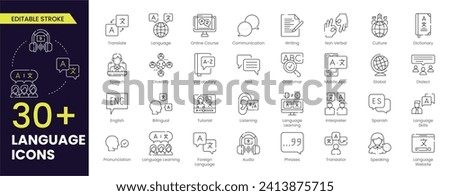 Language stroke icon set. Containing communication, translate, speech, non-verbal, writing, speaking, dictionary, text, language skills and vocabulary icons. Editable stroke icon collection.