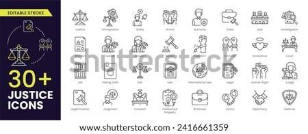 Justice editable stroke icon set. Containing justice law, court legal, lawyer, Briefcase, judgment, Law, authority, criminal and prison icons. Vector illustration. Stroke icon collection.