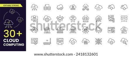 Cloud computing editable stroke icons related to cloud services, server, cyber security, digital transformation. Outline icon collection. Editable stroke. Vector illustration