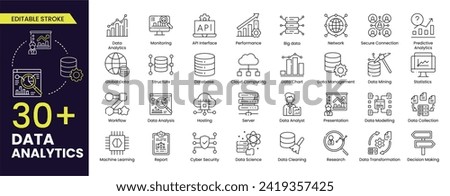 Data analytics Stroke icon set. Big data analysis technology symbol. Containing database, statistics, analytics, server, monitoring, computing and network icons. Editable Stroke icons collection.