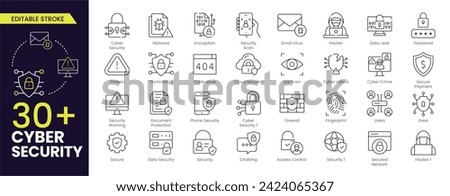 Cyber Security stroke icons set. Data protection, spam, secure, security, antivirus, password,  privacy, padlock and hacker. Editable Outline icons. Vector illustration.