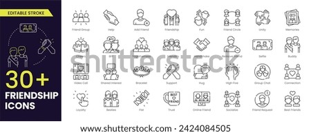 Friendship Stroke icon set. Containing friends, group of friend, socialize, friendly, cheers, trust, support and best friends icons.Editable Outline icon collection. Vector illustration.