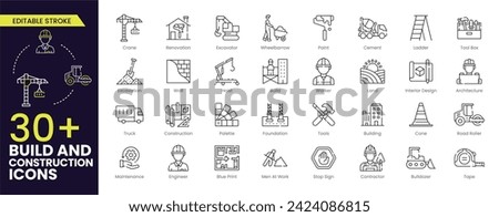 Build and construction stroke icon set. Containing crane, building, land, excavator, maintenance, contractor, worker, architecture and more. Editable outline icons vector collection.