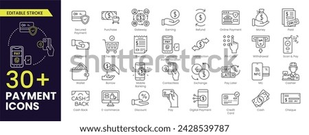 Payment Editable Stroke icon set. Business and finance payment collection with money, banking, credit card, exchange, cash and transaction symbol. Editable Outline line icons.