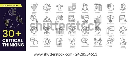 Critical thinking Editable Stroke icon set. Containing think, problem-solving, analysis, reasoning, evaluation, experience, research, logic and listening icons. Editable Outline icon collection.