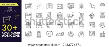 Advertisement icon. Editable Stroke icon contains Digital Marketing, Billboard ads, online ads and bus ads. Stroke icon collection Outline icon