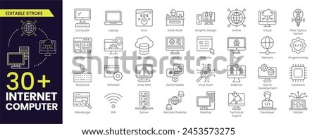 Internet Computer Stroke icon collections. Containing online, computer, network, website, server, web design, hardware, software and programming. Stroke icon collection Outline icon