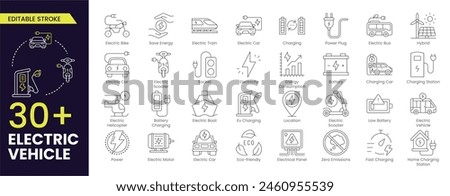 Electric Vehicle Stroke icon collections. Containing electric car, charging station, battery, EV charging, e-bike, hybrid, e-car, electric scooter and power. Editable Outline icon collection