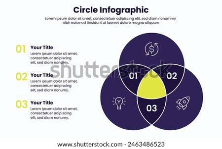 Three intersected circles infographic with Venn diagram. Concept of intersection 3 business fields or areas. MInimal infographic design template. Modern vector illustration