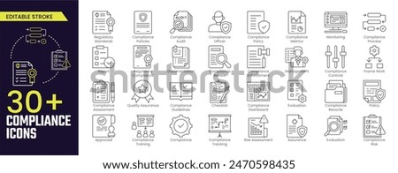 Compliance Stroke icon collections. Checklist on the clipboard line icon with checkmarks, checklist, document, gear, Review, Compliance Management, Assessment. Stroke icon collection Outline icon