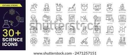 Science Editable Stroke Icon. Containing biology, laboratory, experiment, scientist, research, physics, chemistry and more icons. Science education symbol. Editable Outline icon.