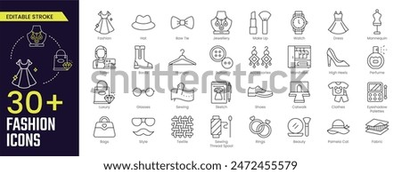 Fashion Stroke icon collections. Containing tailor, accessories, dress, sewing, fabric, clothes, shoes and beauty icons. Stroke icon collection Outline icon