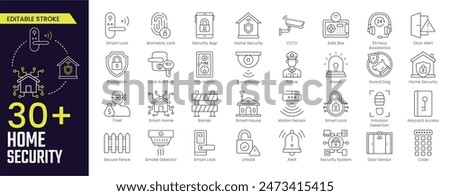 Home security Stroke icon collections. Containing alarm, surveillance, lock, CCTV, thief, key, intrusion detection, guard dog and more. Stroke icon collection Outline icon